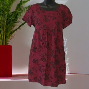 Vintage Ruby Red Roses Print Mini Dress Empire Waist Pockets Size Small